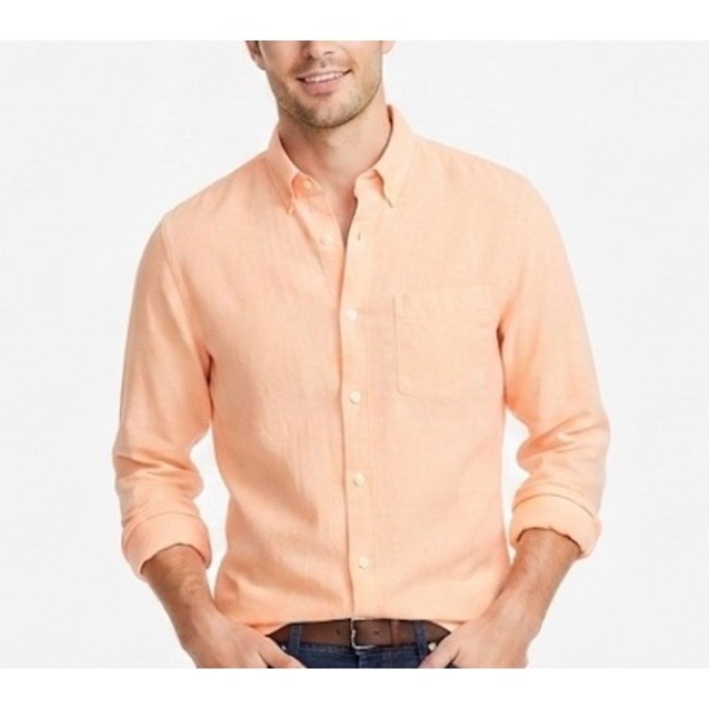 J.Crew Factory Mens Slim Fit 100% Linen Button Down Shirt Peach Orange Medium - Picture 1 of 10